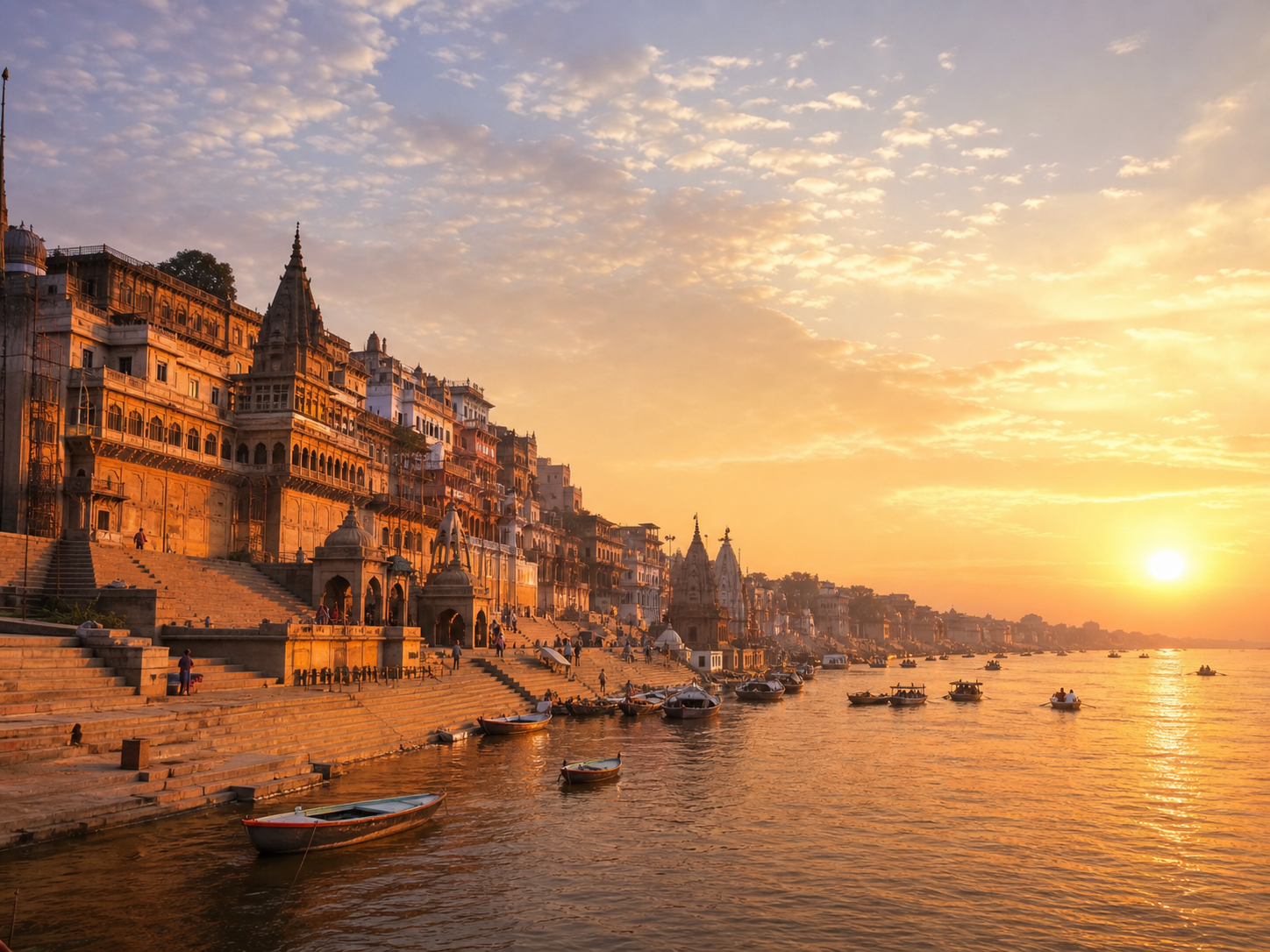 Varanasi ghats and boats on the Ganges at sunrise