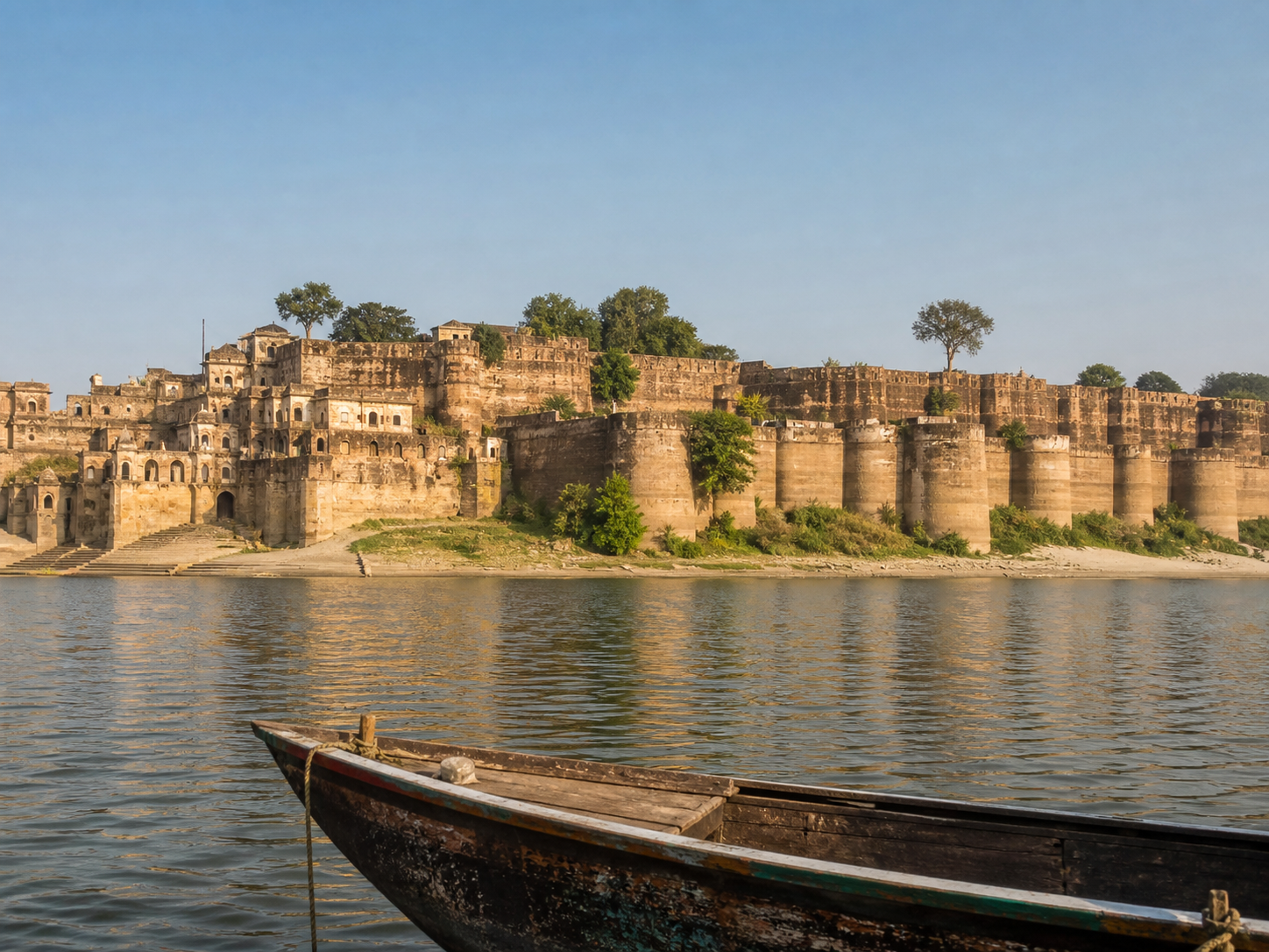 Historic Prayagraj fort viewed across the river