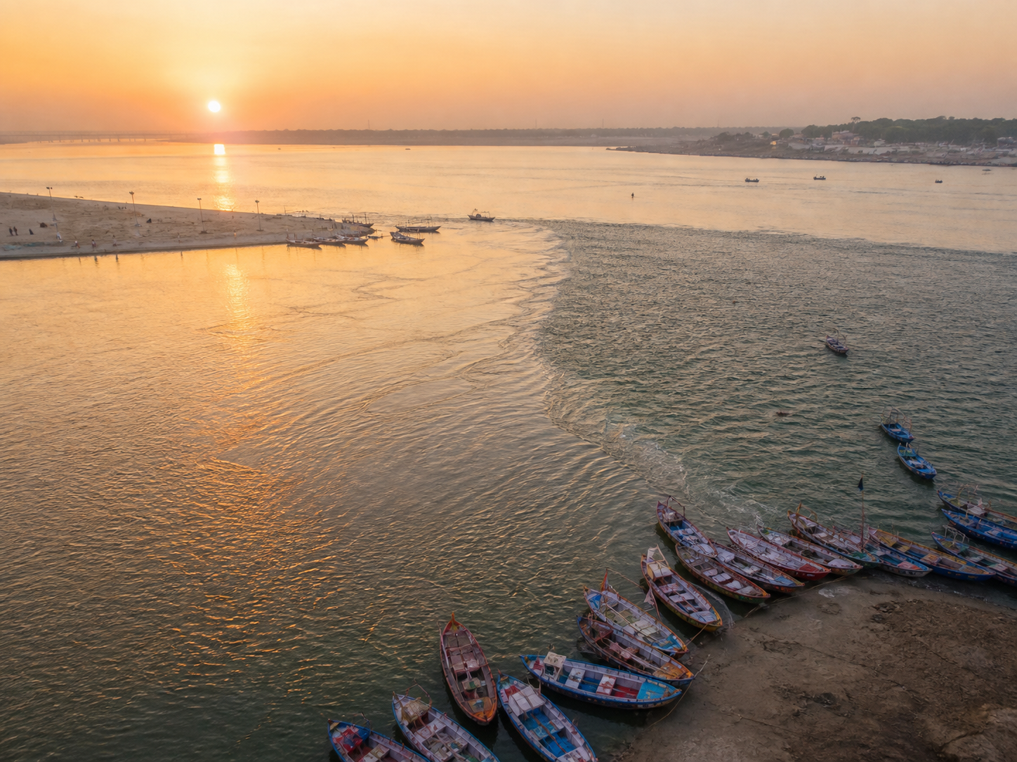Boats at Triveni Sangam in Prayagraj at sunrise
